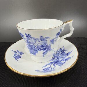 Royal Windsor Tea Cup Teacup Saucer Set Gold Gilt Blue Floral Roses England VTG